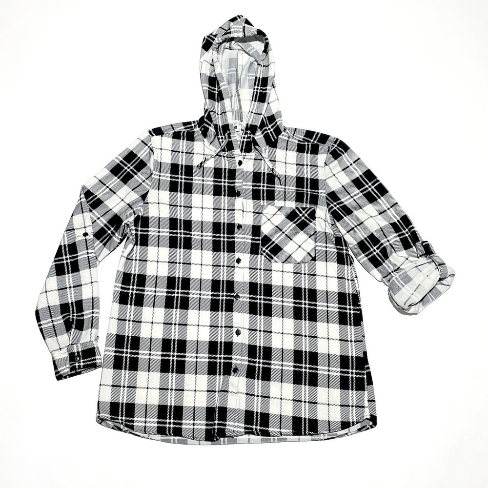 Eden & Olivia Plaid Hooded Top Black‎ White Long Roll Up Sleeve Size Medium